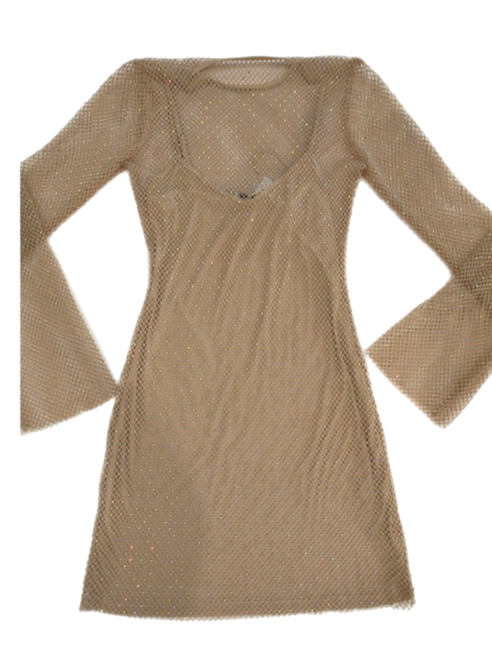 Sincerly Jules Sparkle Mesh Overlay Long-Bell Sleeve Slip Mini Dress Beige Sz S
